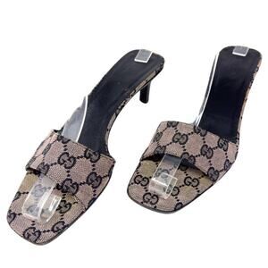 Gucci GG Logo Monogram Supreme‎ Canvas Navy Blue Black Grey Heels Sandals Slides